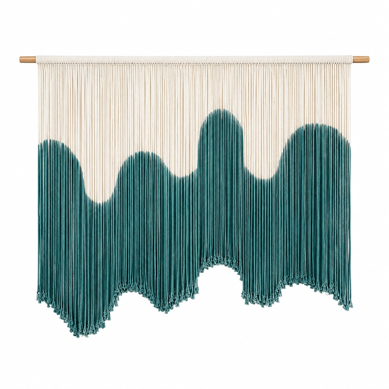Makramee Wandteppich 110 x 90 cm aus Baumwolle in Creme/Türkis mit Holzstab im Boho-Stil