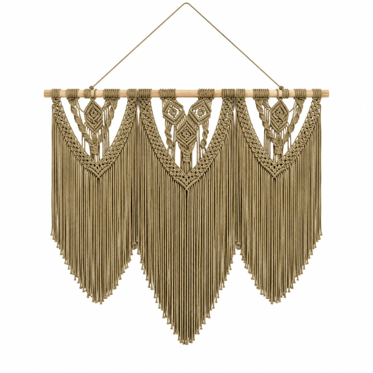 Makramee Wandteppich 100 x 100 cm Baumwolle Beige mit Holzstab Boho Wanddekoration