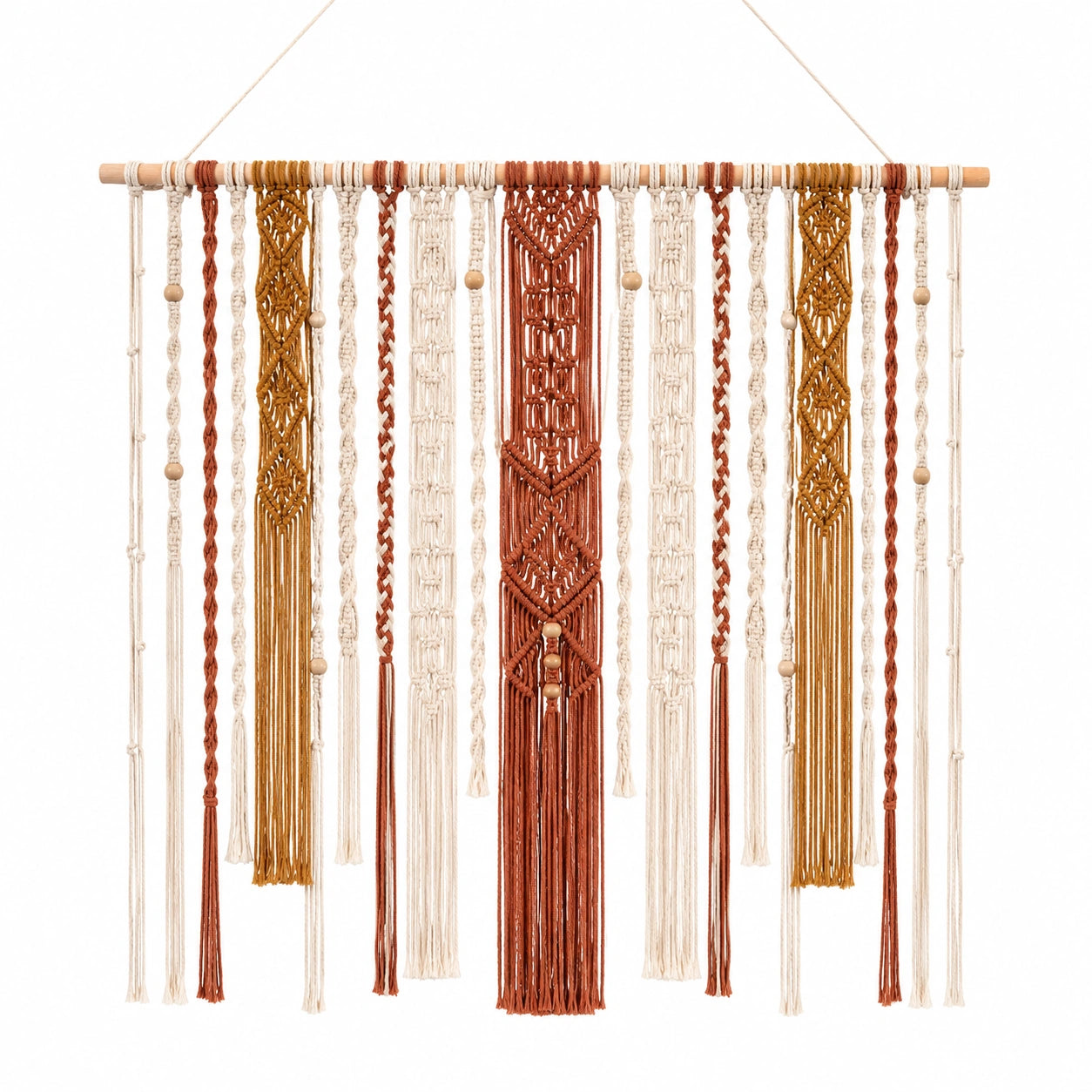 Makramee Wandbehang 100 x 100 cm aus Baumwollkordel in Natur Rostbraun und Senfgelb im Boho-Stil