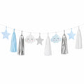 Dekogirlande 200 x 80 cm aus Papier und Folie Blau Weiß Silber für Babyparty mit Sternen und Wolken