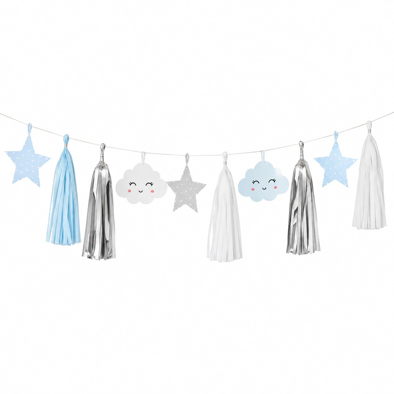 Dekogirlande 200 x 80 cm aus Papier und Folie Blau Weiß Silber für Babyparty mit Sternen und Wolken