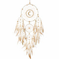 Traumfänger 40 x 90 cm mit Federn Holzperlen Mondmotiv in Creme Beige Boho Wanddekoration