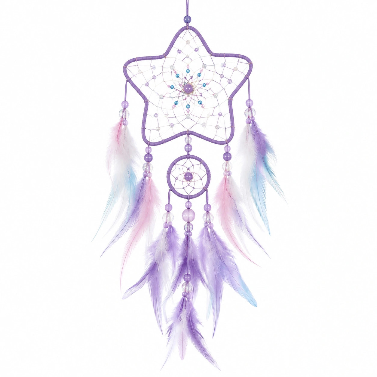 Traumfänger 30 x 70 cm mit Federn und Perlen in Lila Rosa Blau als Wanddekoration im Stern-Design