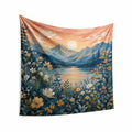 Wandteppich 150 x 130 cm aus Polyester Blau Rosa mit Bergsee Blumenmotiv