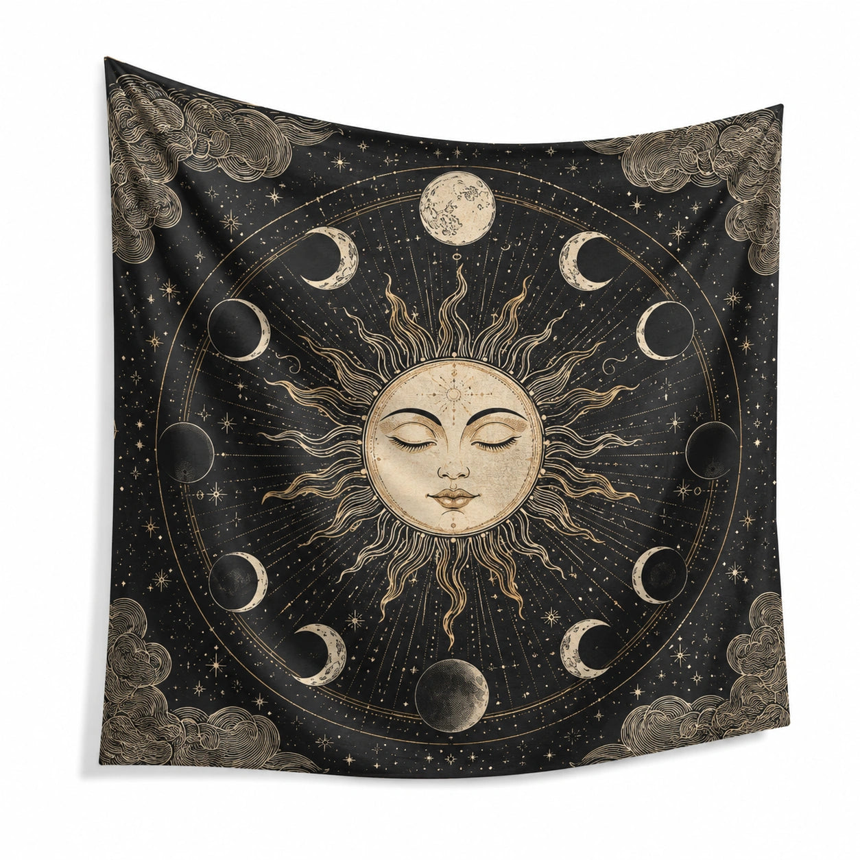 Wandteppich 150 x 150 cm Polyester Schwarz Beige Sonnen Mond Motiv